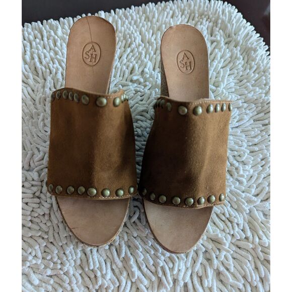 ASH Suede Studded Platform Straw Wicker Wedge Heels Sandal  Sz 38 - Picture 3 of 10